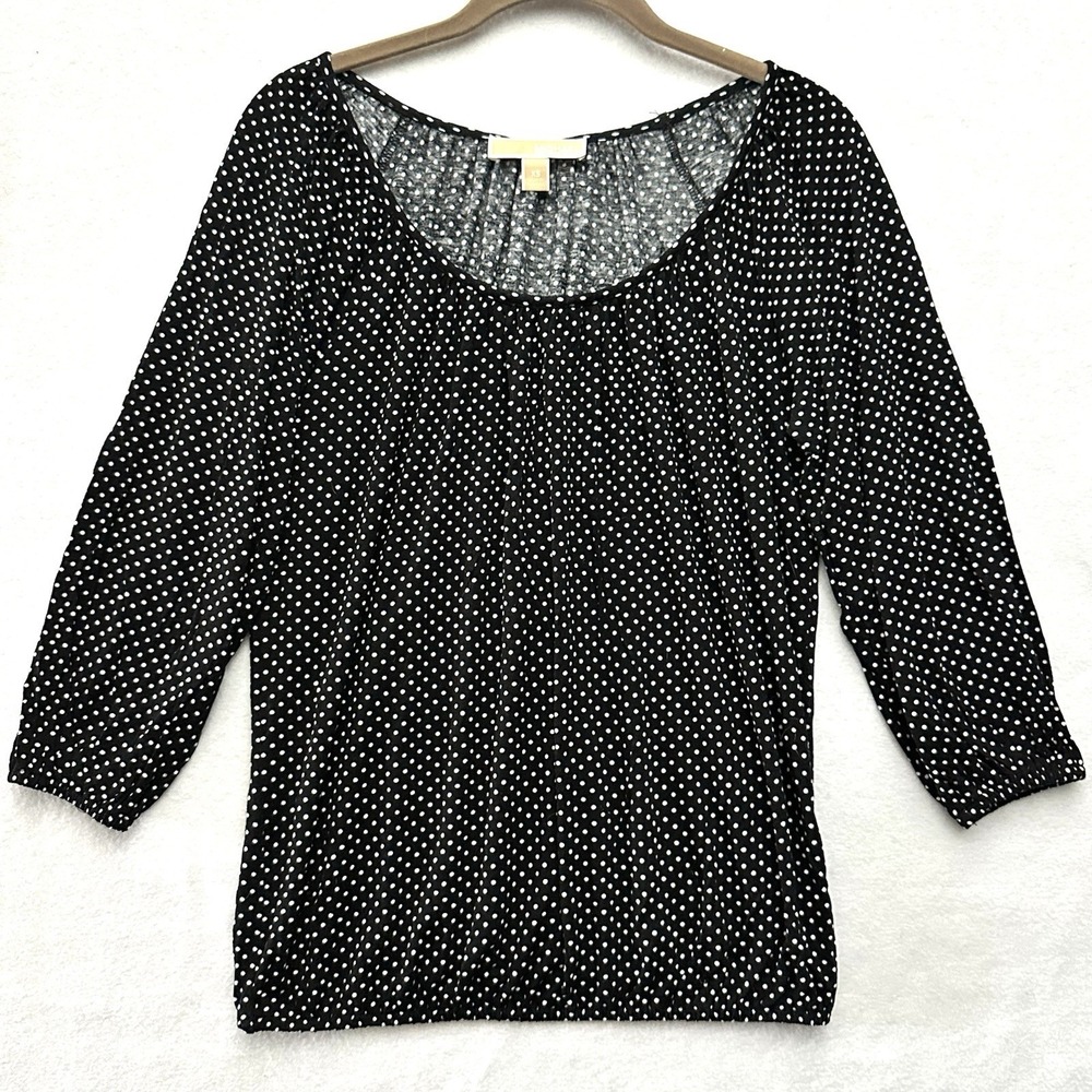 Michael Kors Polka Dot Blouse Top XS 3/4 Sleeve Black White Pleated Viscose - Picture 1 of 8